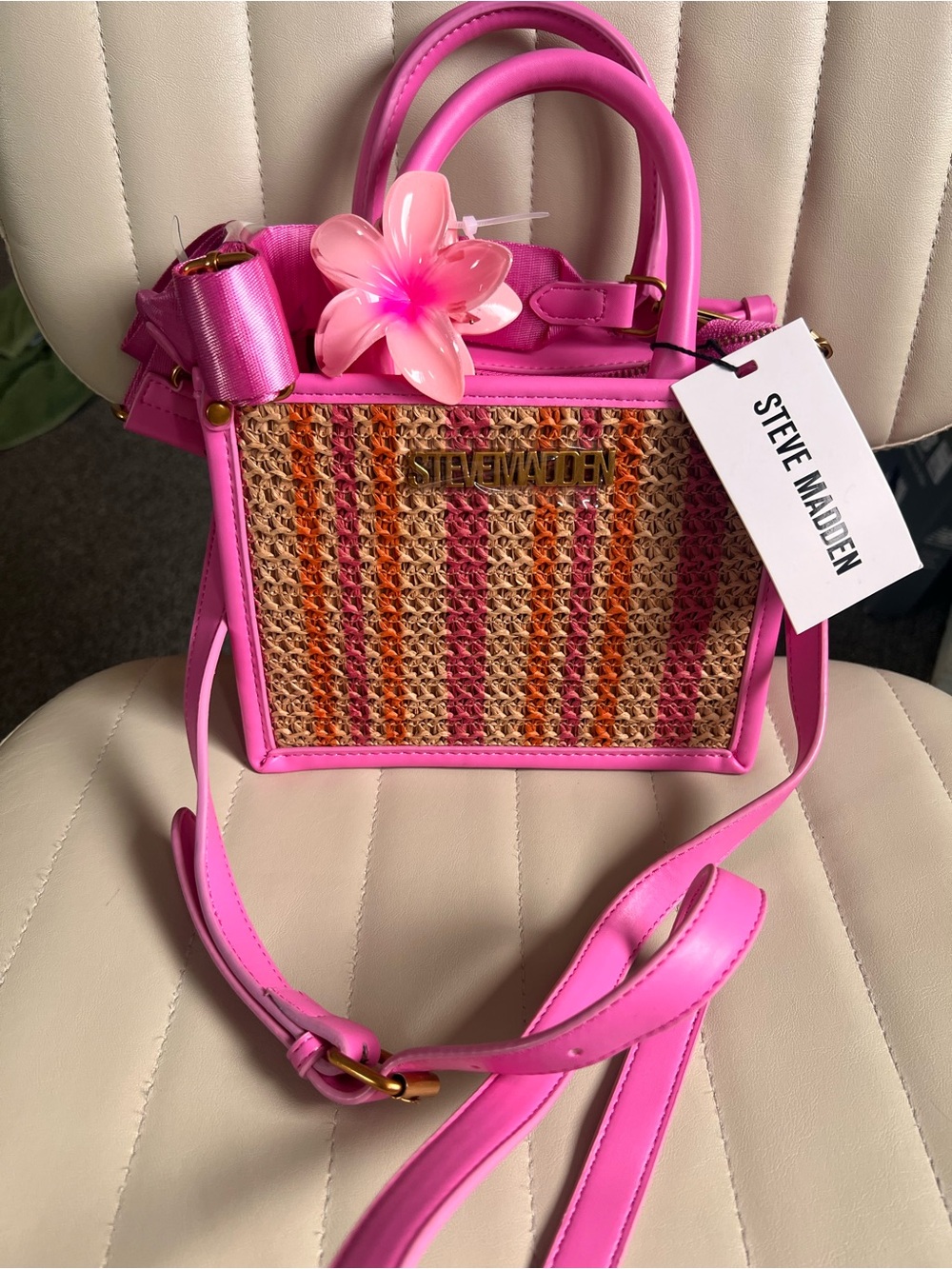 Steve Madden Hot Pink Straw-Trim Mini Satchel